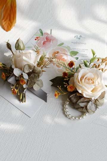 Romantic Apricot Wrist Corsage and Boutonniere Set for Wedding